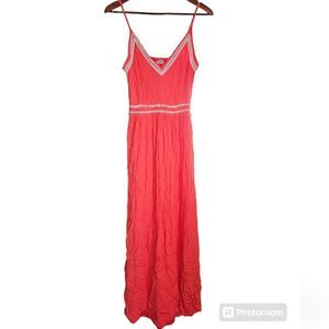 Japna Coral Pink Orange Maxi Spring Summer Sundress White Embroidered Details XL